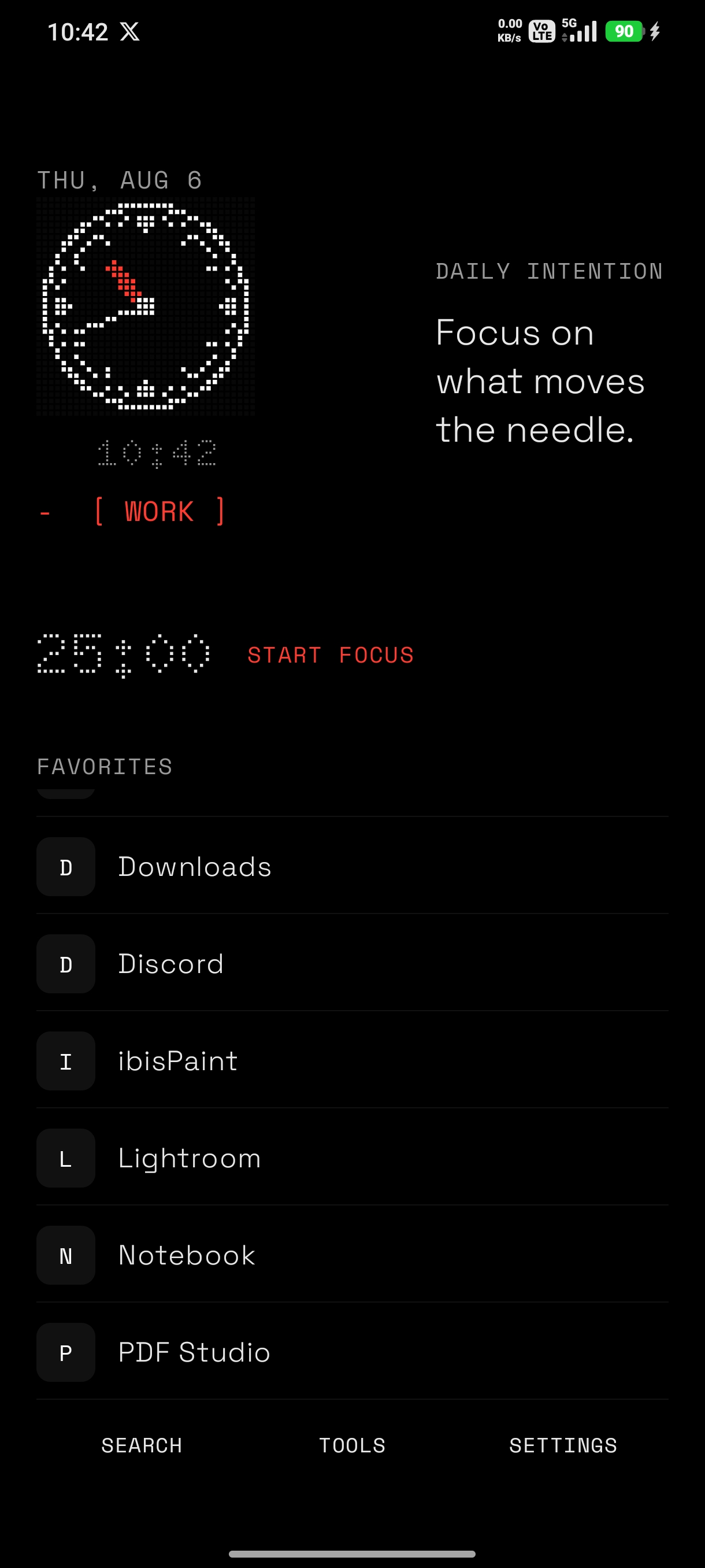 Minimalistic launcher in dark mode with a pixel clock, a daily intention, a focus timer, and a calm list of favorite apps
